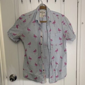 VSTR Men's Flamingo Print Casual Shirt - Light Blue and Pink